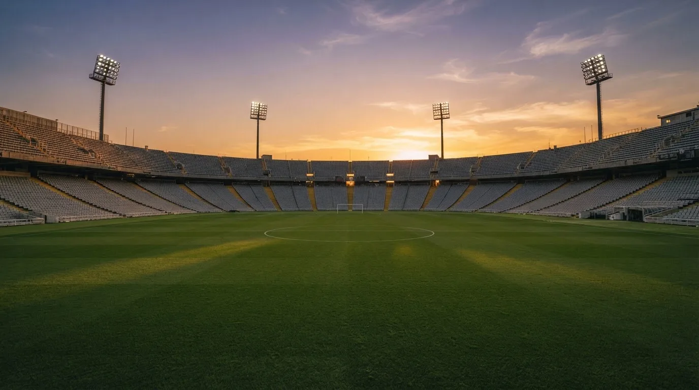 Un estadio de fútbol vacío con torres de iluminación al atardecer