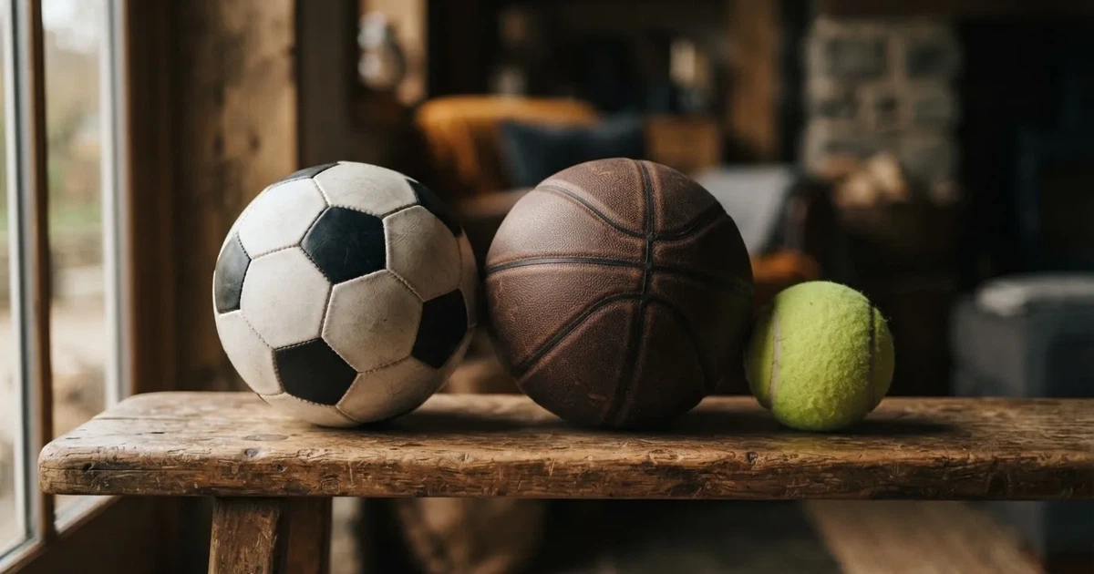 Tres balones de distintos tipos, uno junto a otro, sobre un banco de madera