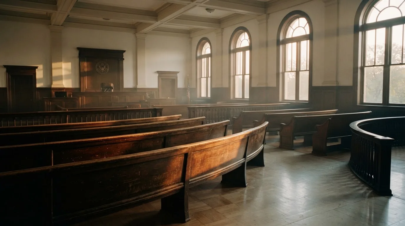 Una sala de tribunal vacía con bancos de madera a la luz de la mañana