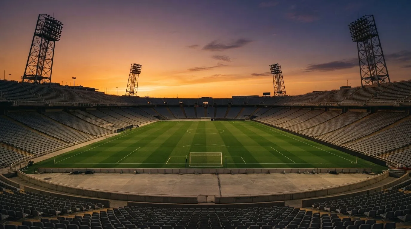 Un estadio de fútbol vacío con torres de iluminación al atardecer