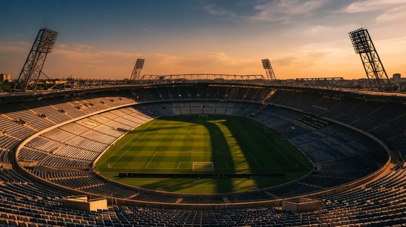 Un estadio de fútbol vacío con torres de iluminación al atardecer