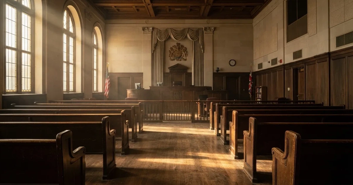 Una sala de tribunal vacía con bancos de madera a la luz de la mañana