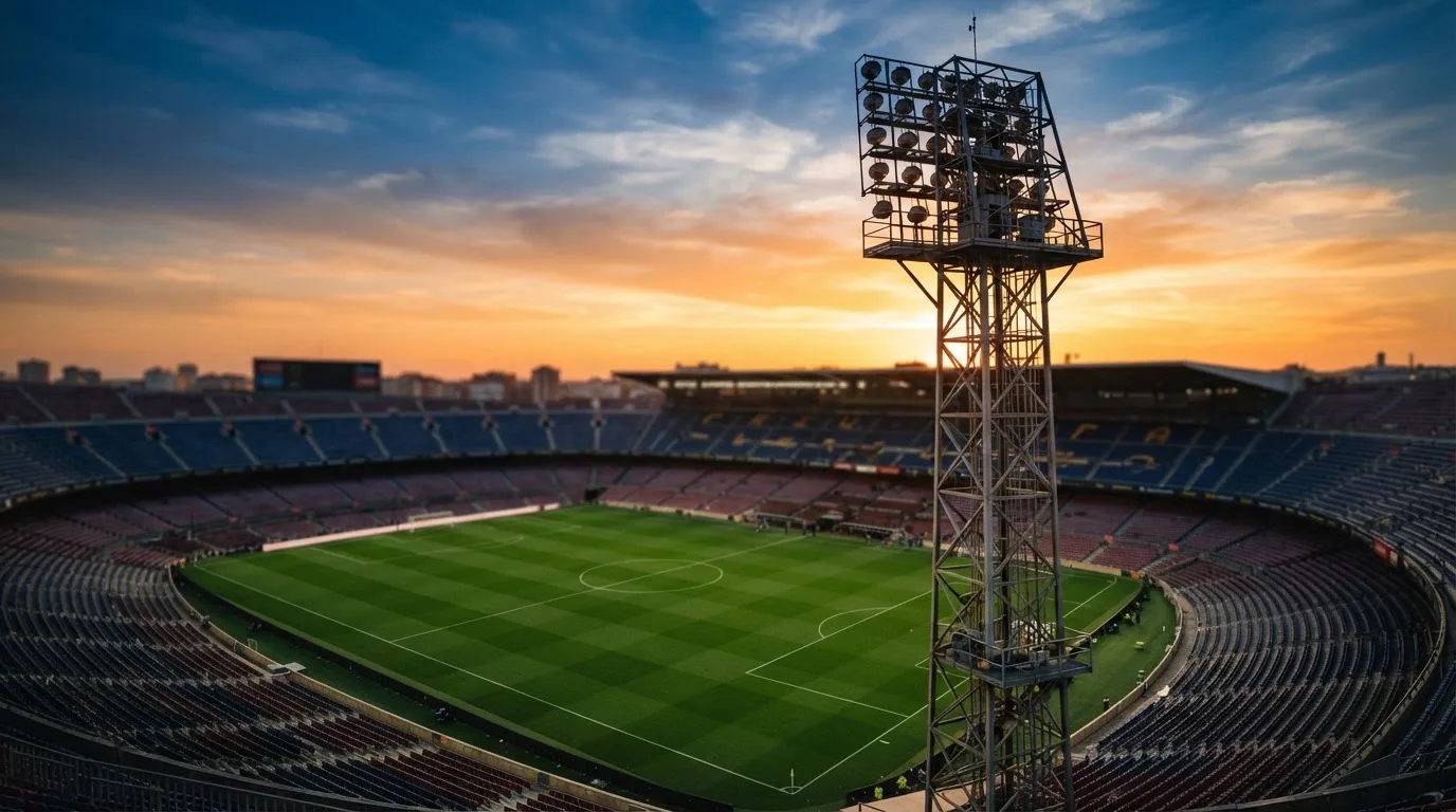 Un estadio de fútbol vacío con torres de iluminación al atardecer