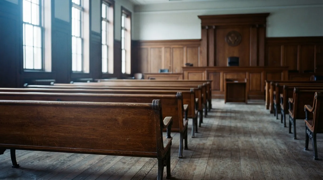 Una sala de tribunal vacía con bancos de madera a la luz de la mañana