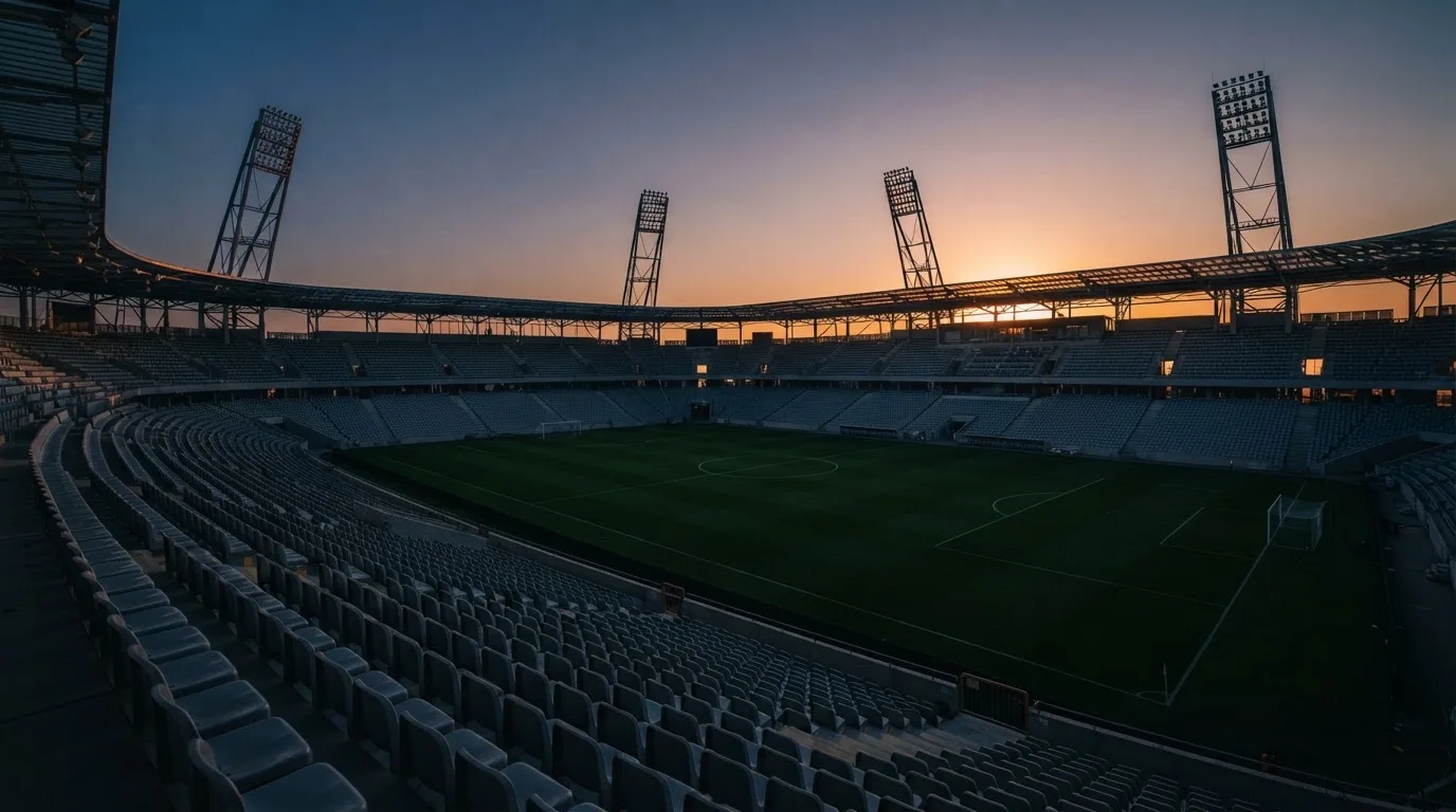 Un estadio de fútbol vacío con torres de iluminación al atardecer