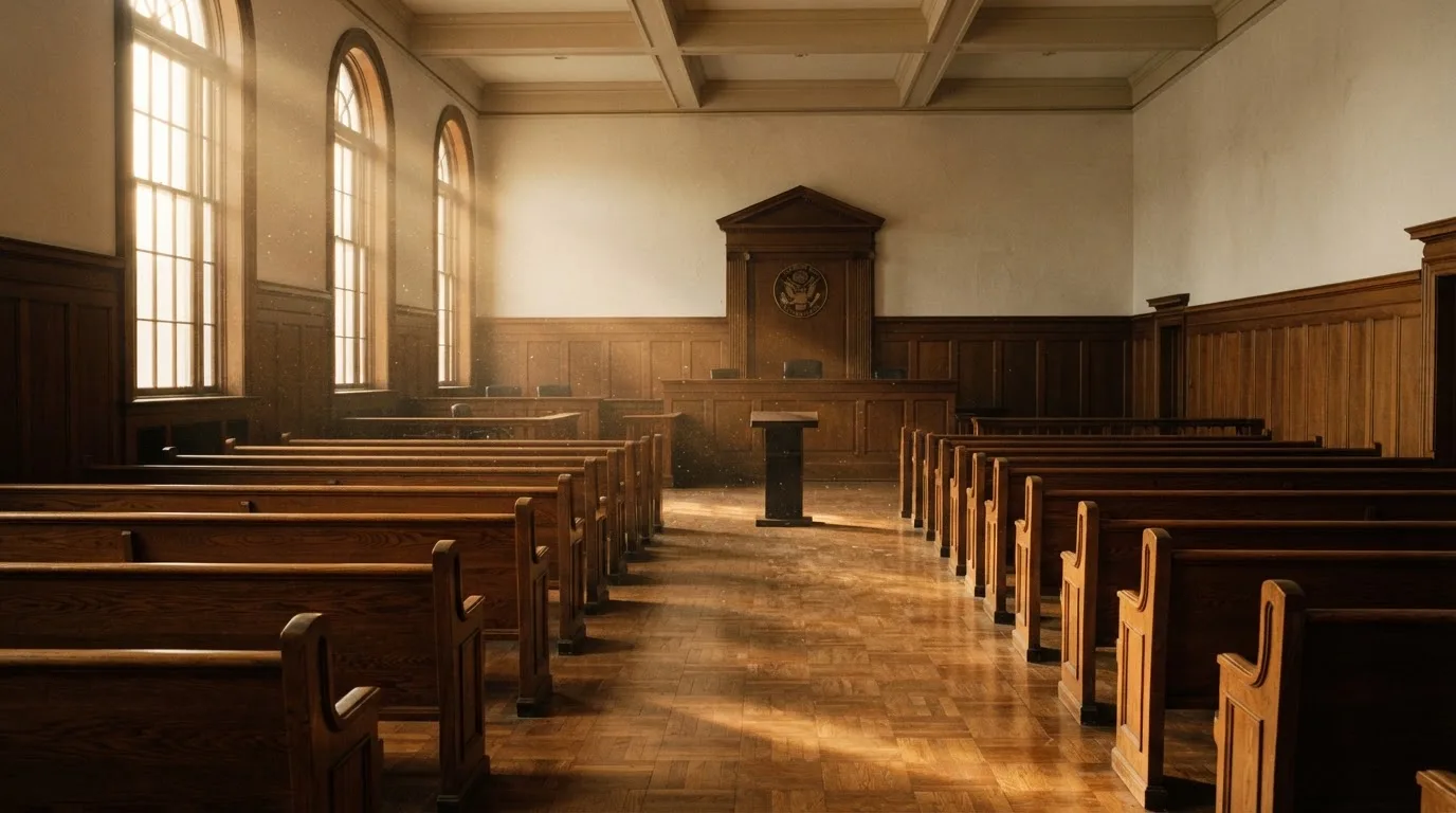 Una sala de tribunal vacía con bancos de madera a la luz de la mañana