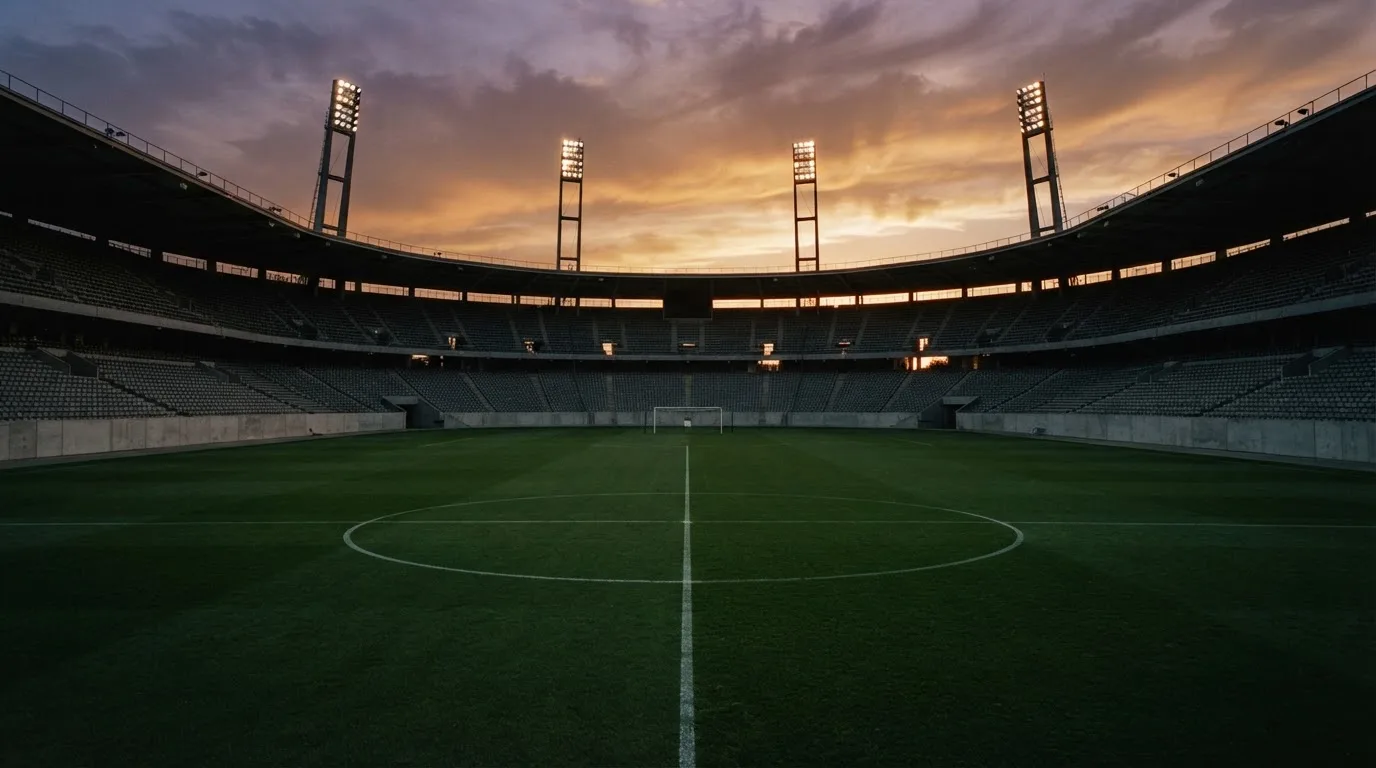Un estadio de fútbol vacío con torres de iluminación al atardecer