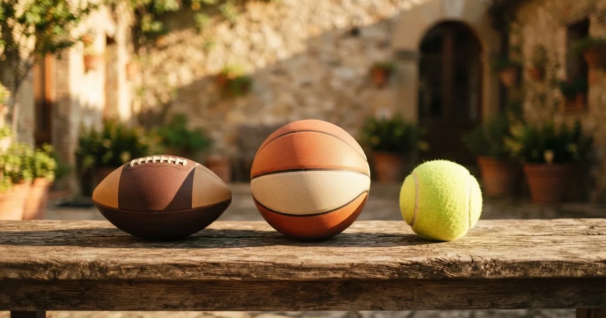 Tres balones de distintos tipos, uno junto a otro, sobre un banco de madera