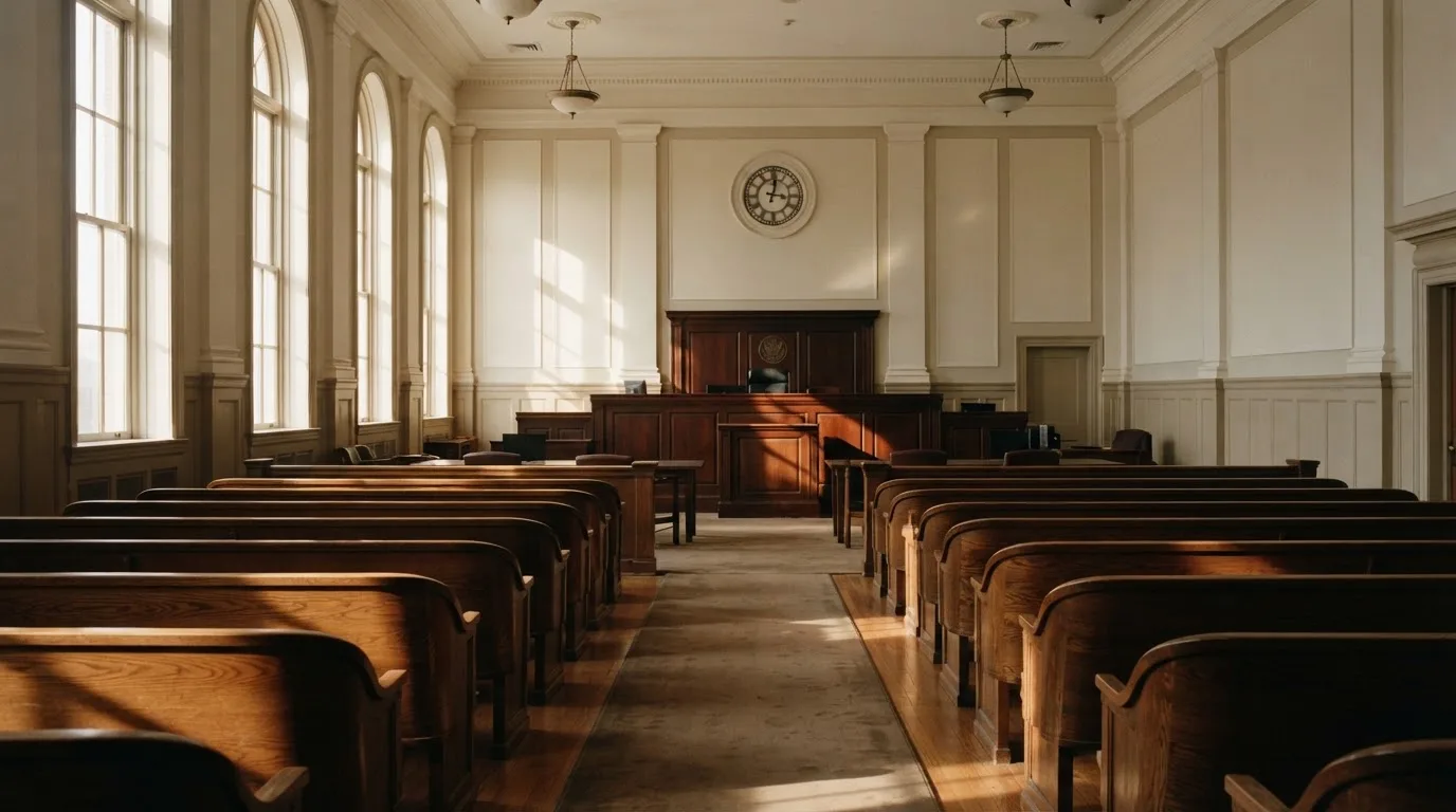 Una sala de tribunal vacía con bancos de madera a la luz de la mañana