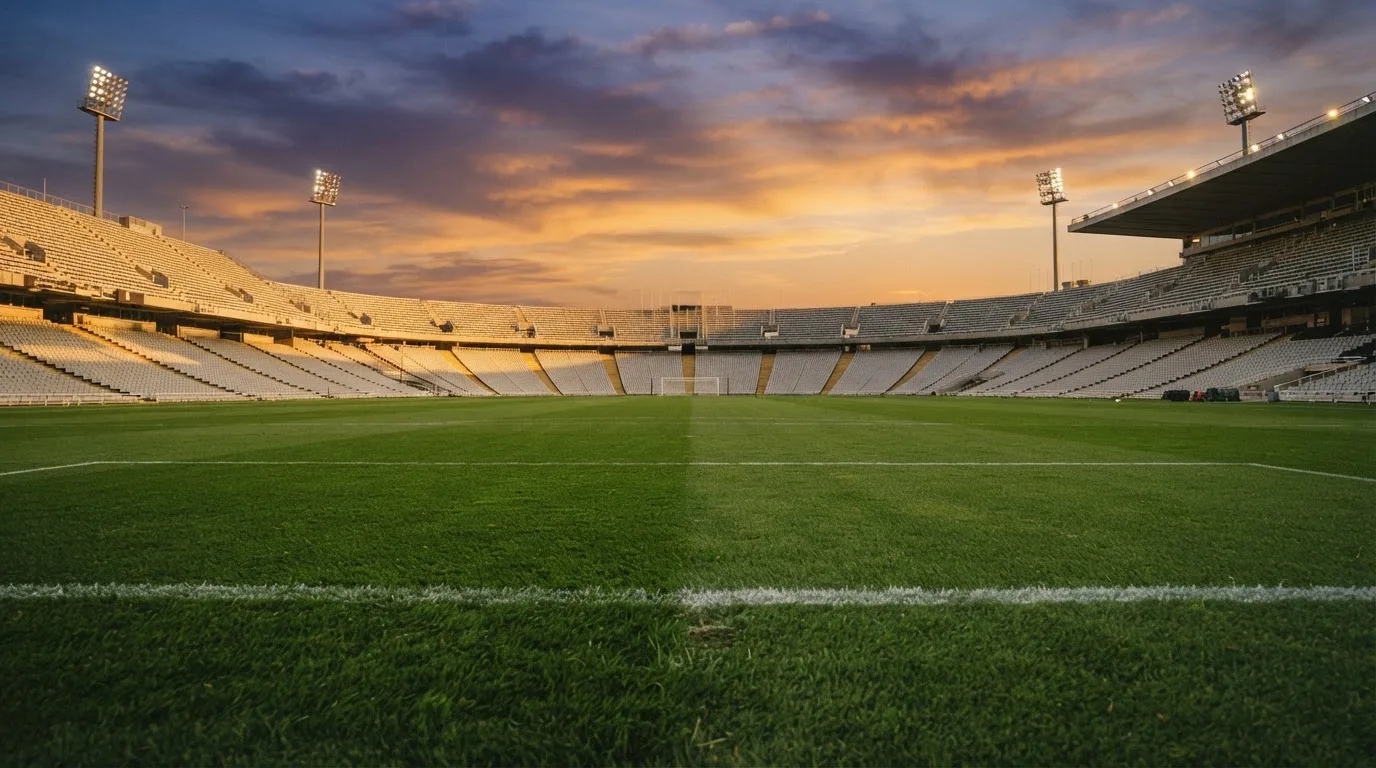 Un estadio de fútbol vacío con torres de iluminación al atardecer