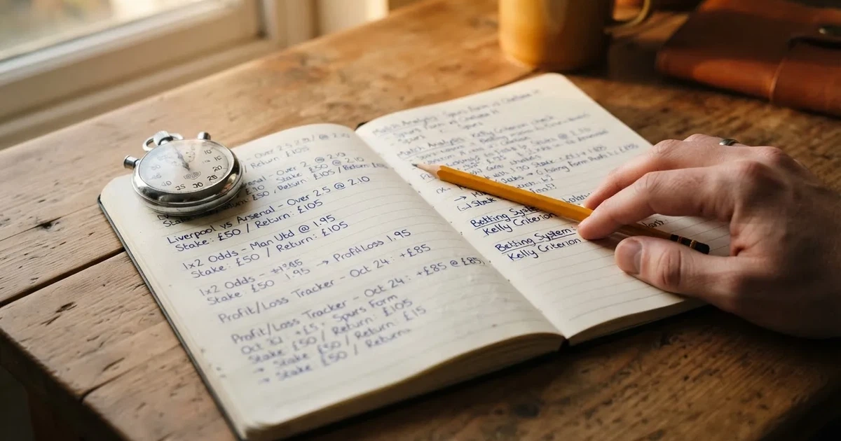 Un cuaderno abierto con un lápiz y un cronómetro sobre una mesa de madera