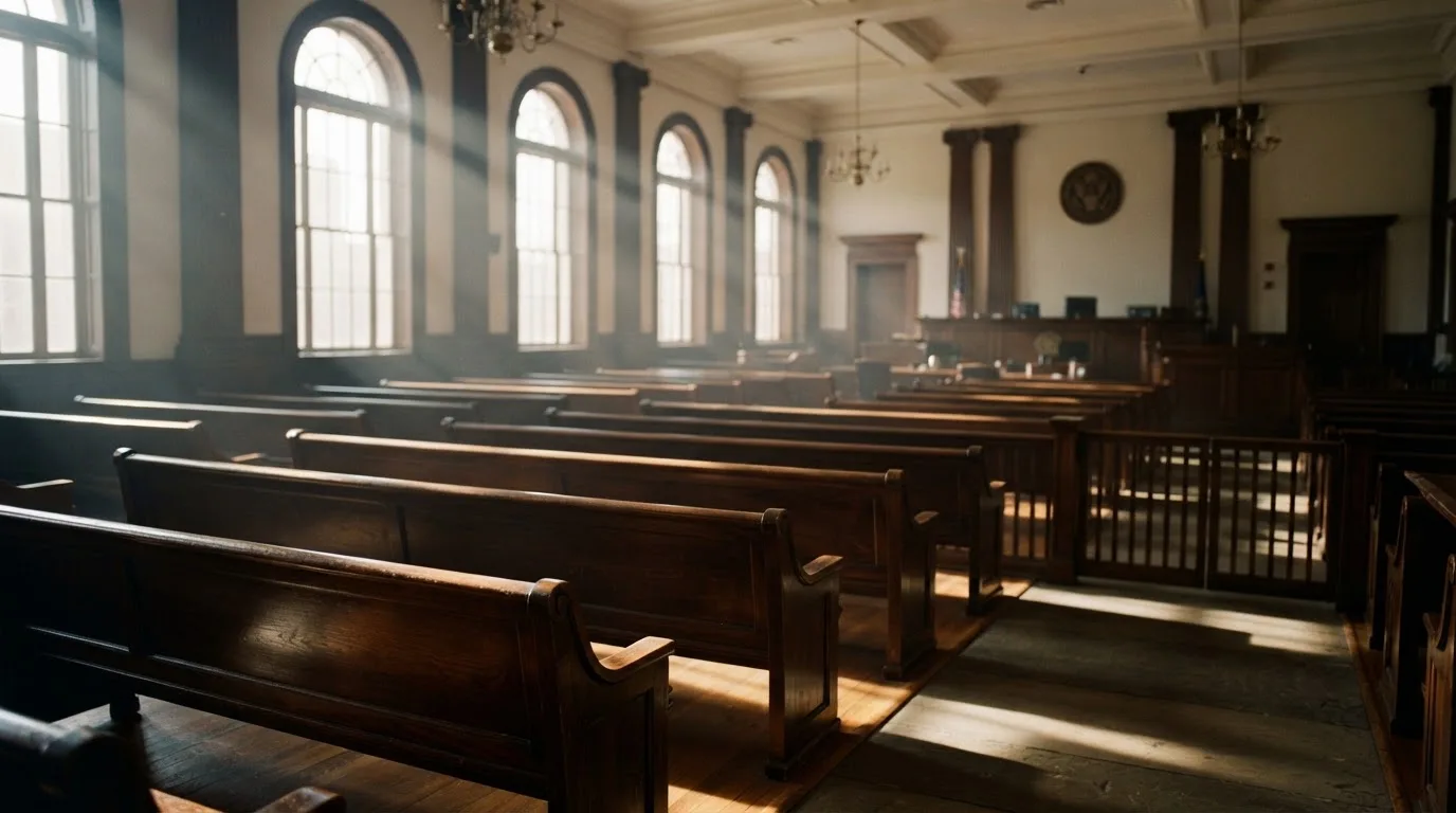 Una sala de tribunal vacía con bancos de madera a la luz de la mañana