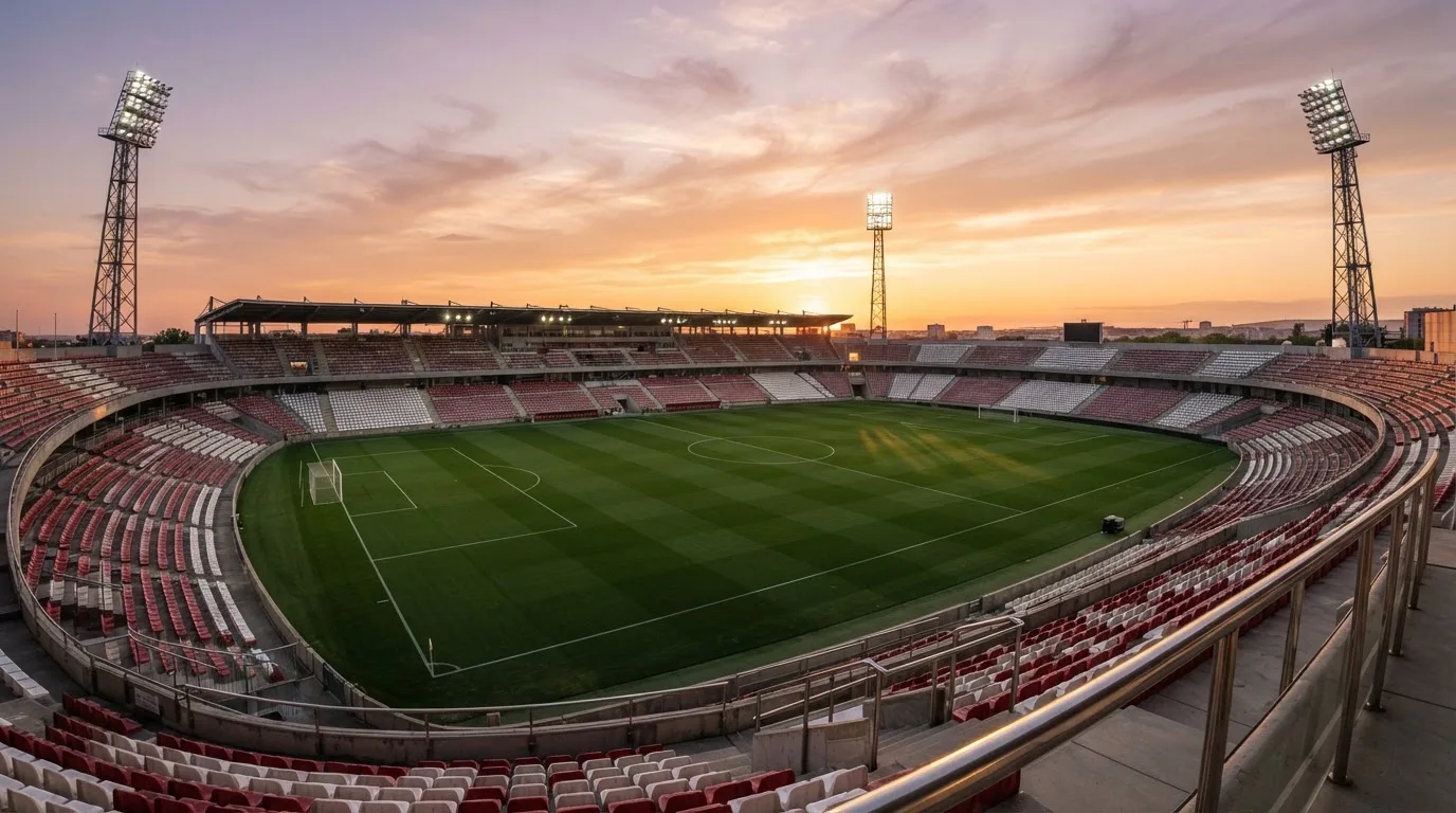 Un estadio de fútbol vacío con torres de iluminación al atardecer