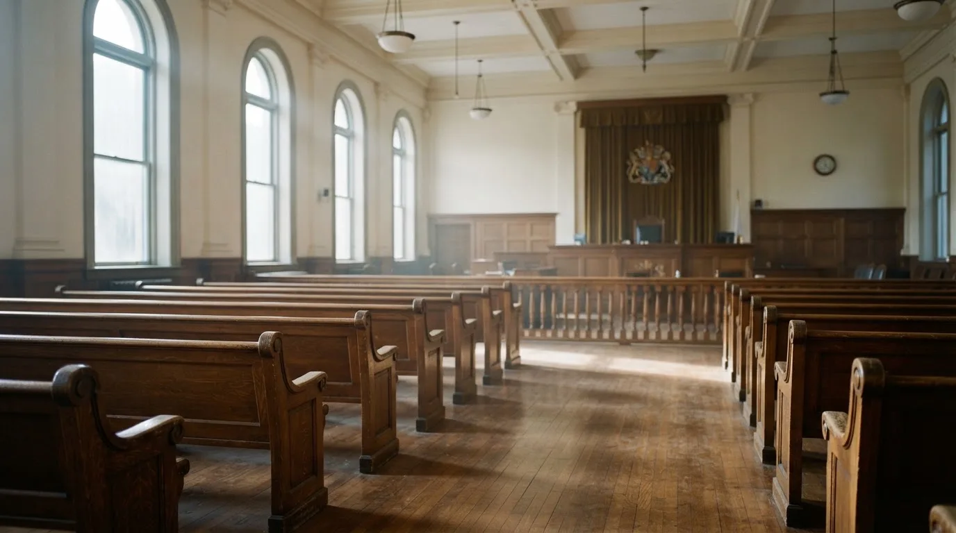 Una sala de tribunal vacía con bancos de madera a la luz de la mañana