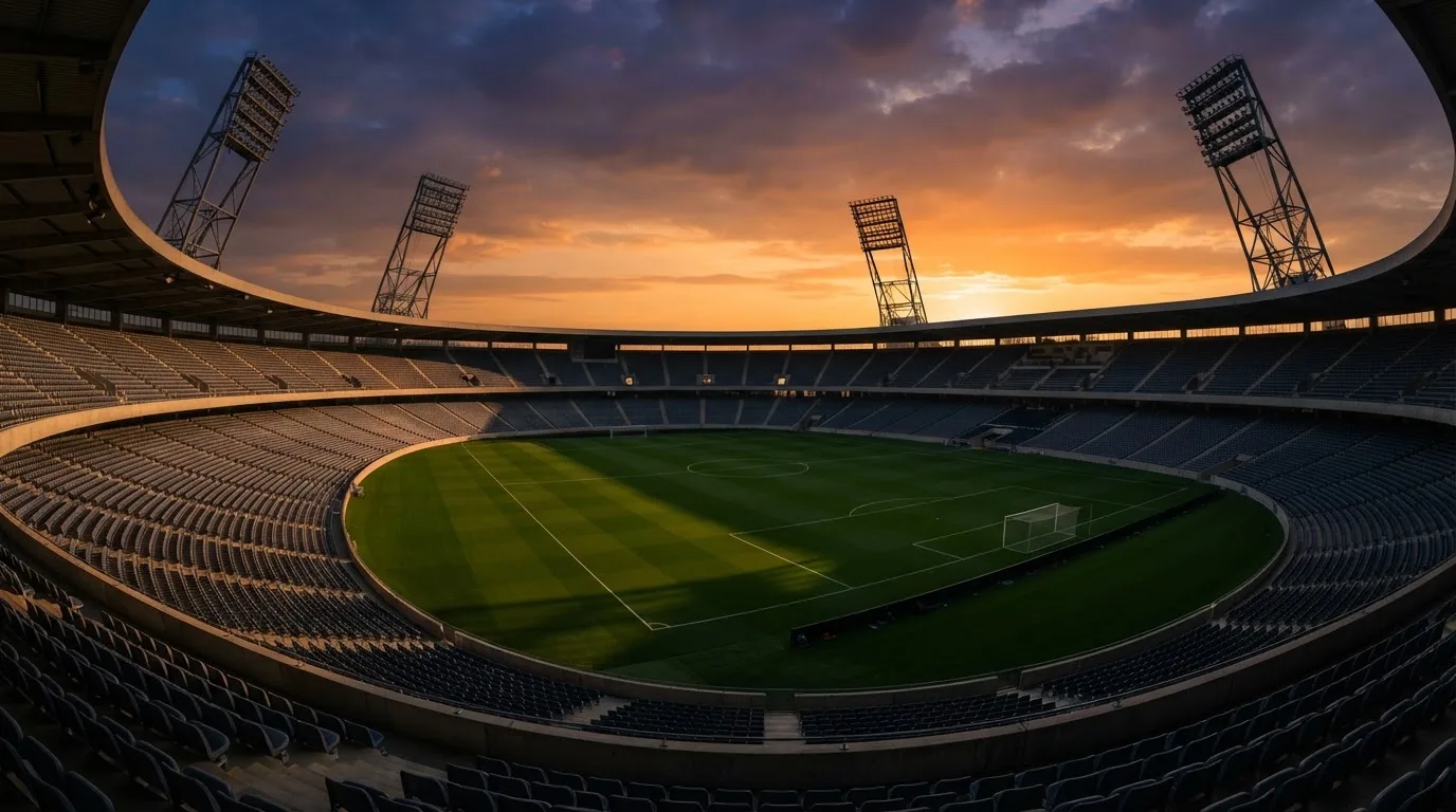 Un estadio de fútbol vacío con torres de iluminación al atardecer