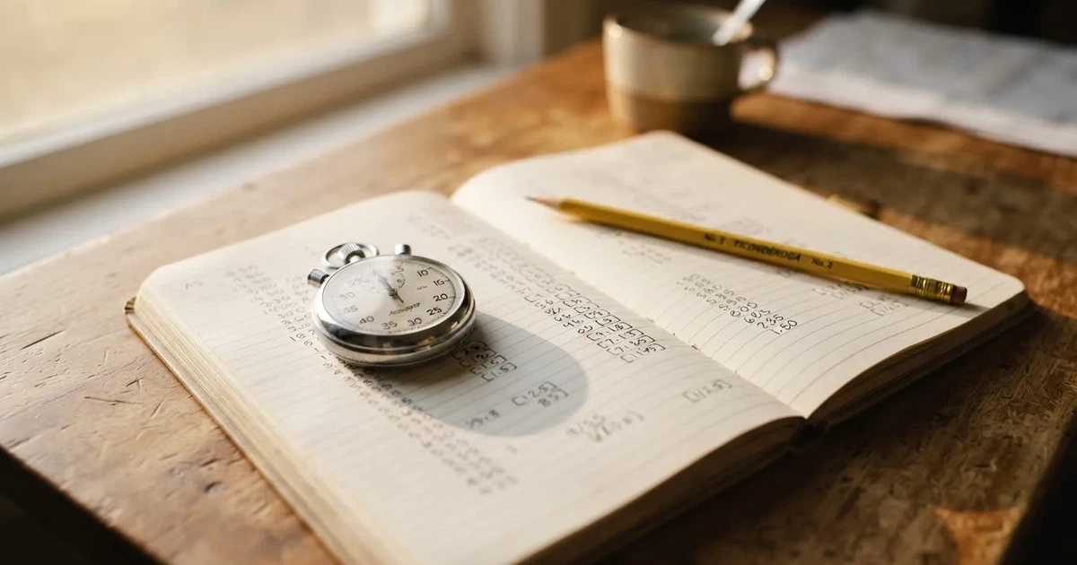Un cuaderno abierto con un lápiz y un cronómetro sobre una mesa de madera