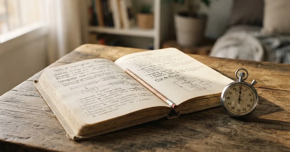 Un cuaderno abierto con un lápiz y un cronómetro sobre una mesa de madera