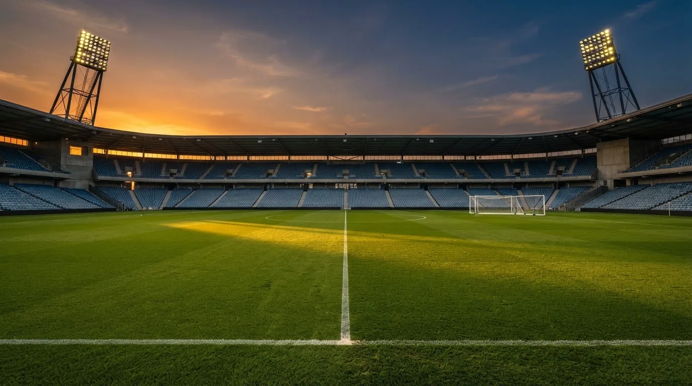 Un estadio de fútbol vacío con torres de iluminación al atardecer