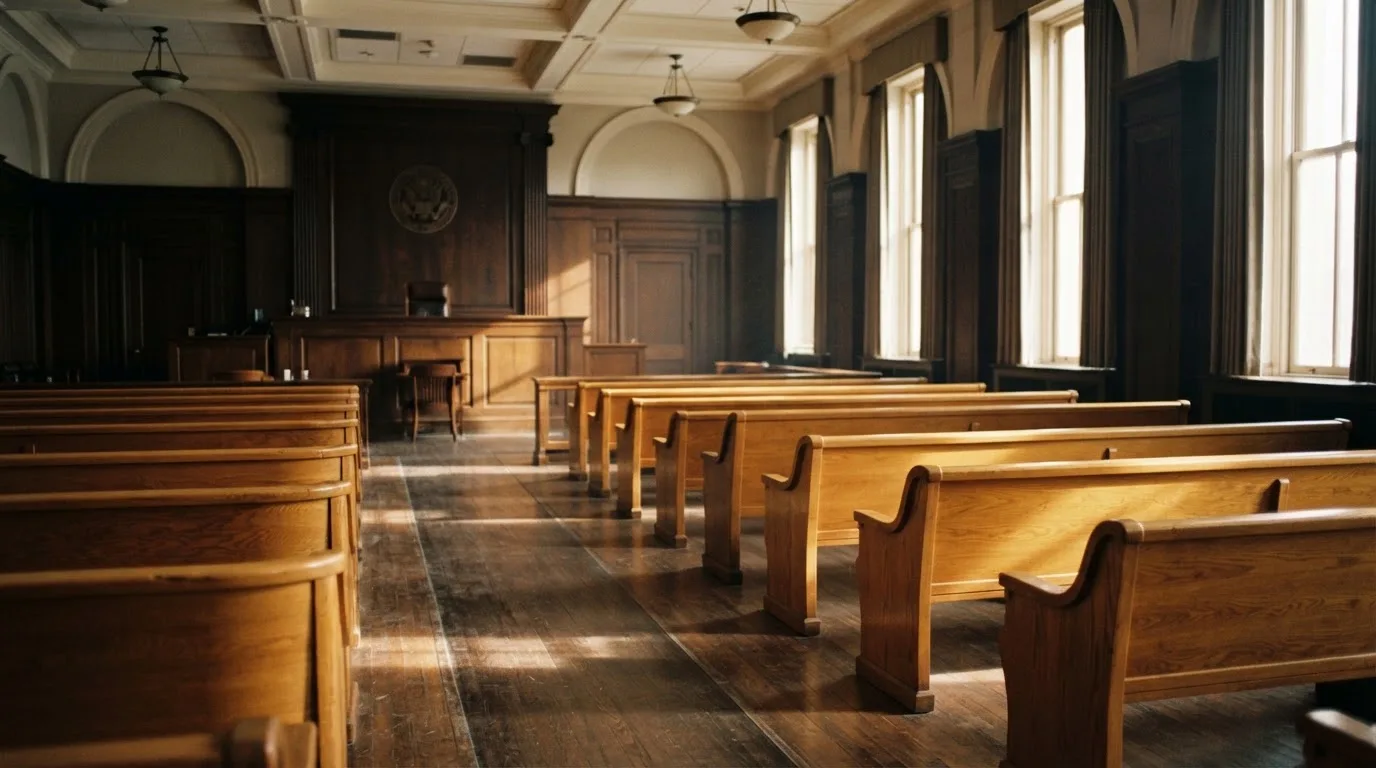 Una sala de tribunal vacía con bancos de madera a la luz de la mañana
