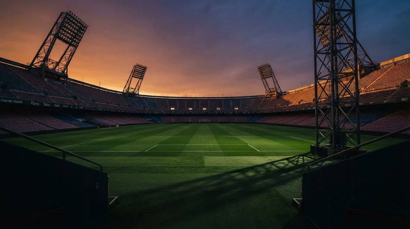 Un estadio de fútbol vacío con torres de iluminación al atardecer