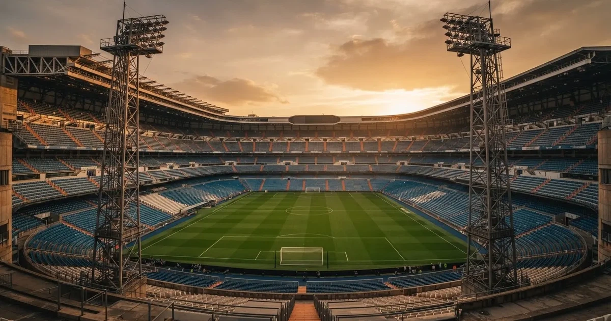 Un estadio de fútbol vacío con torres de iluminación al atardecer