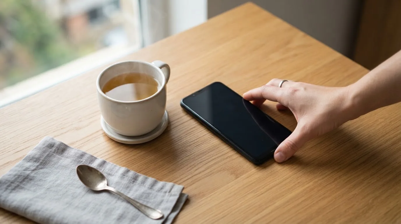Una mano deja un móvil junto a una taza de té sobre la mesa de la cocina, una tarde tranquila