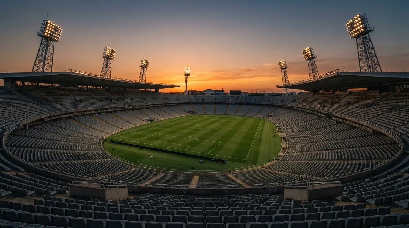 Un estadio de fútbol vacío con torres de iluminación al atardecer