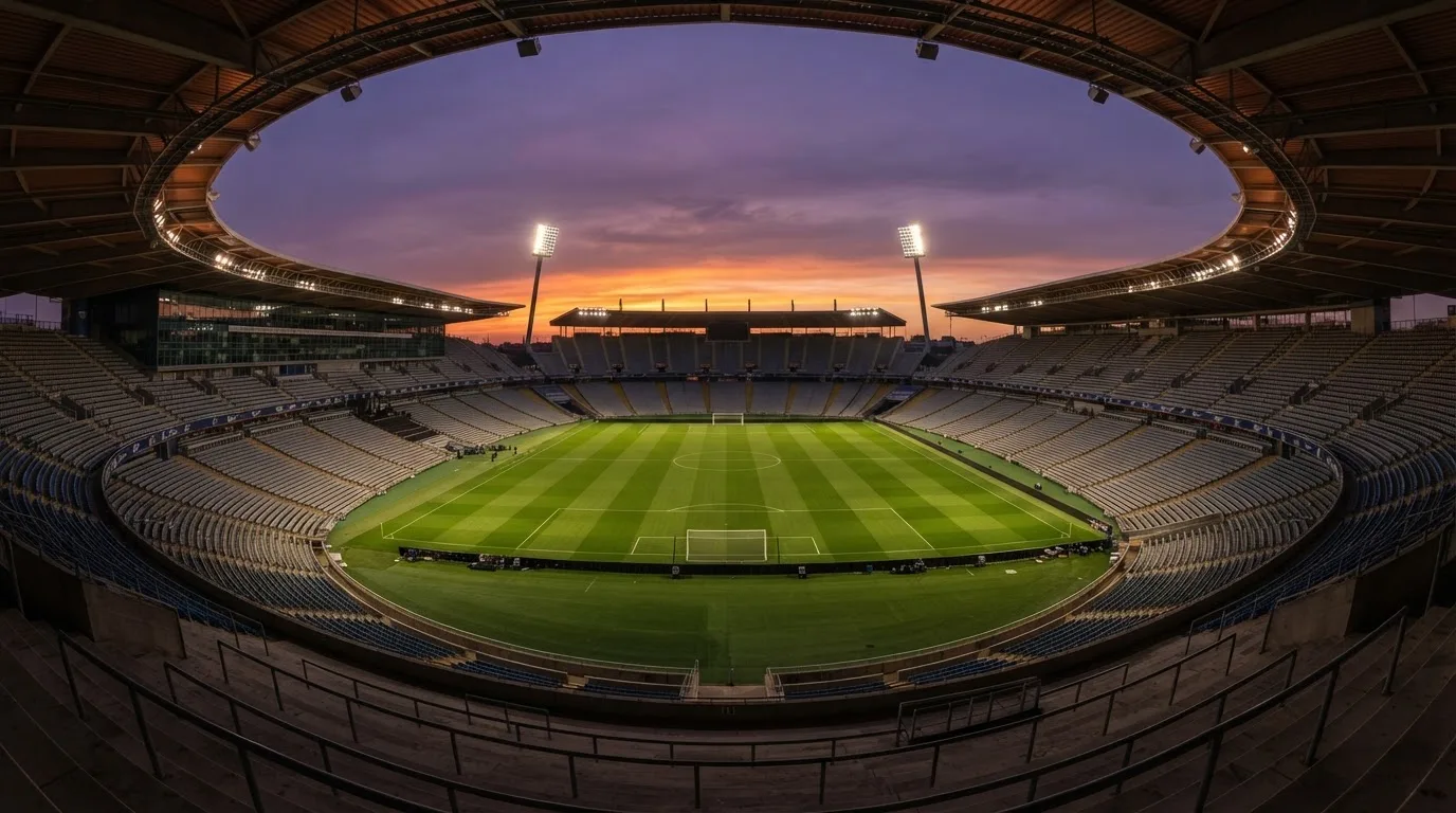 Un estadio de fútbol vacío con torres de iluminación al atardecer