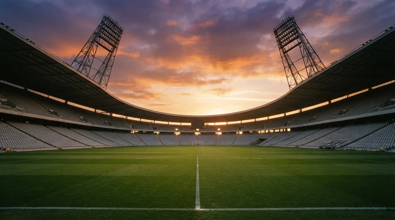 Un estadio de fútbol vacío con torres de iluminación al atardecer