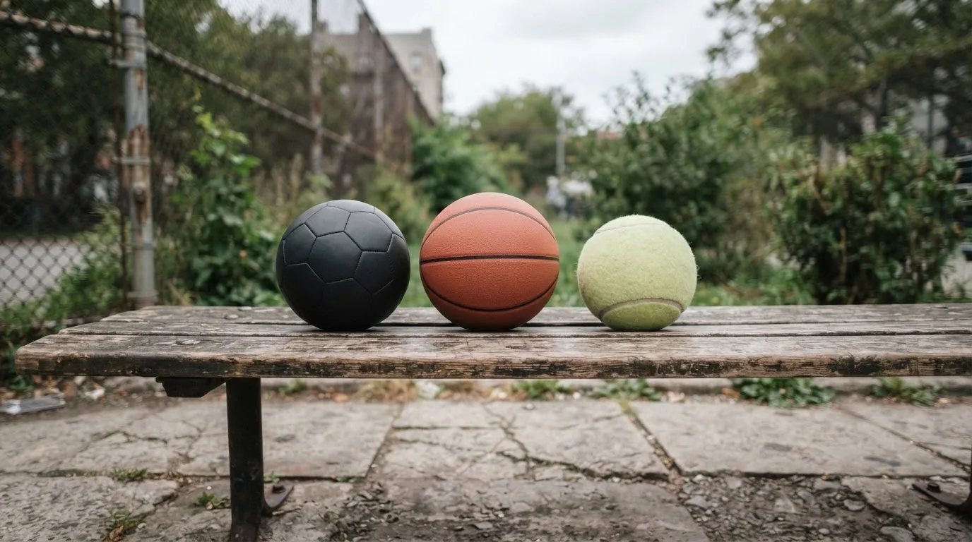 Tres balones de distintos tipos, uno junto a otro, sobre un banco de madera