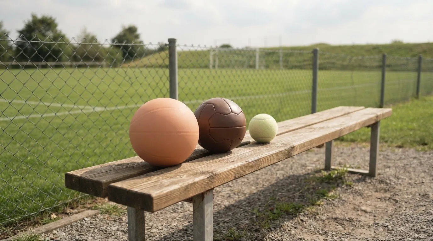 Tres balones de distintos tipos, uno junto a otro, sobre un banco de madera