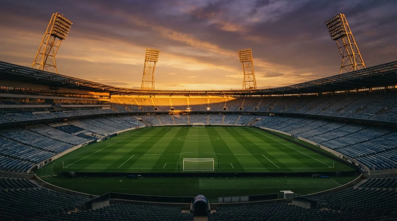 Un estadio de fútbol vacío con torres de iluminación al atardecer