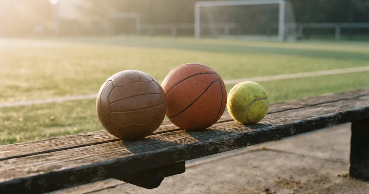 Tres balones de distintos tipos, uno junto a otro, sobre un banco de madera