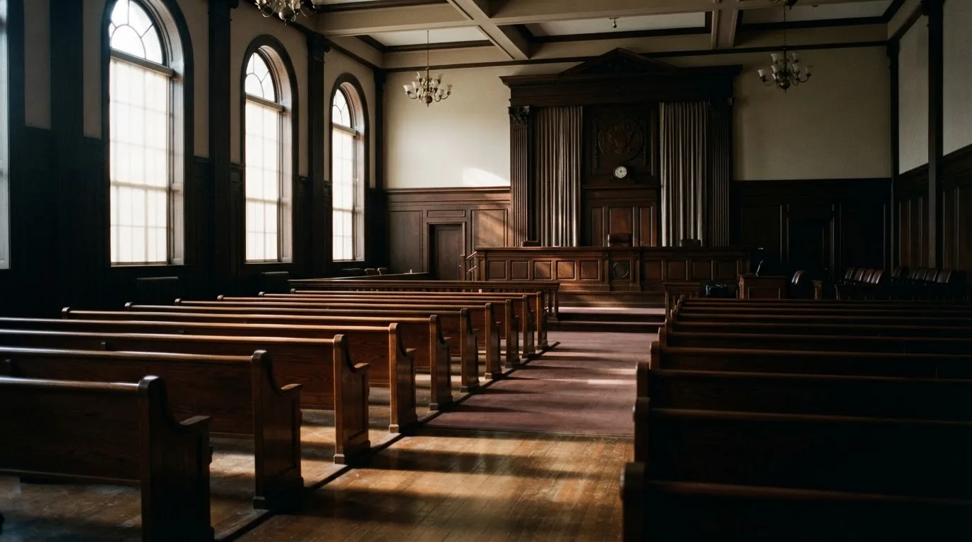 Una sala de tribunal vacía con bancos de madera a la luz de la mañana
