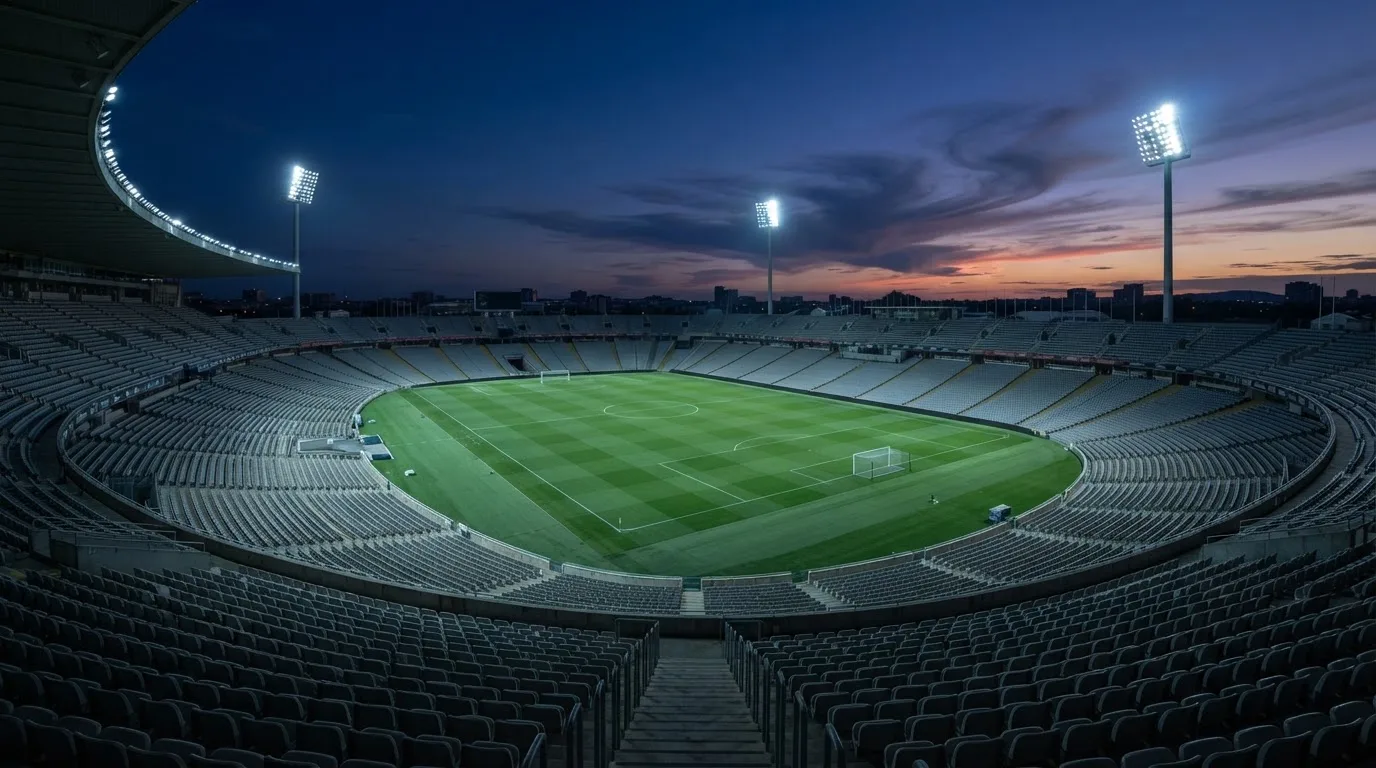 Un estadio de fútbol vacío con torres de iluminación al atardecer