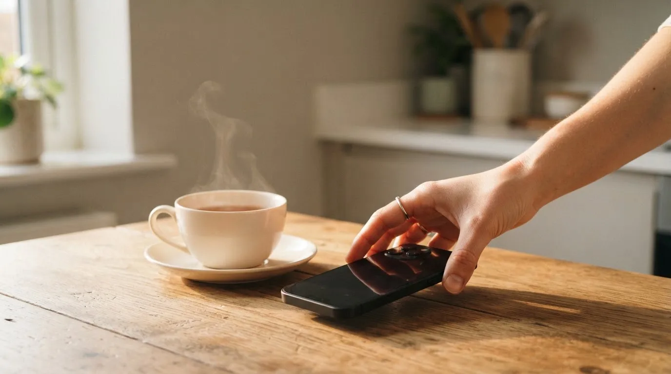 Una mano deja un móvil junto a una taza de té sobre la mesa de la cocina, una tarde tranquila