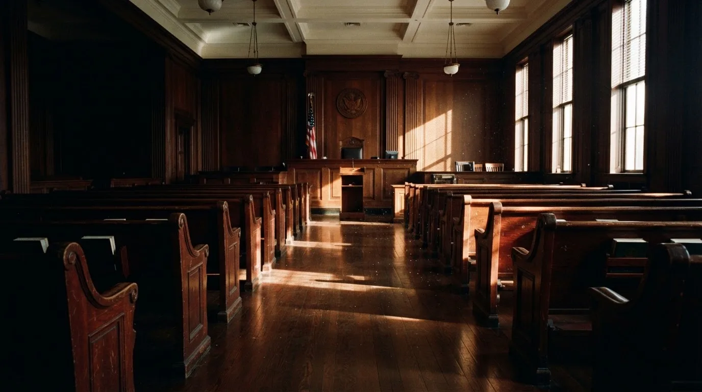 Una sala de tribunal vacía con bancos de madera a la luz de la mañana