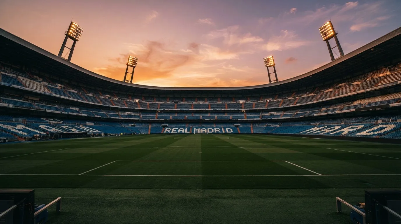 Un estadio de fútbol vacío con torres de iluminación al atardecer