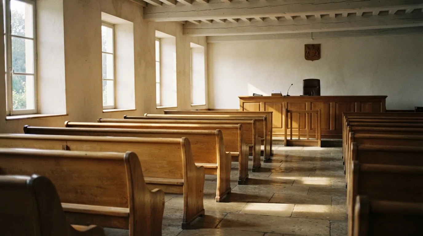 Una sala de tribunal vacía con bancos de madera a la luz de la mañana
