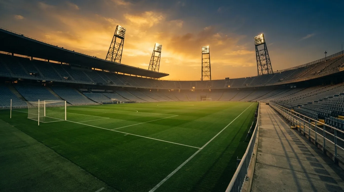 Un estadio de fútbol vacío con torres de iluminación al atardecer