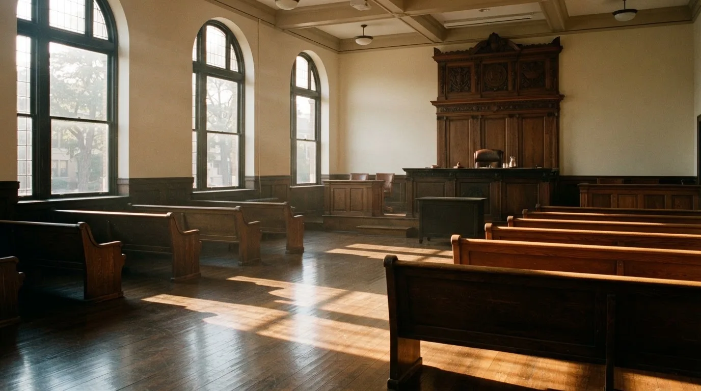 Una sala de tribunal vacía con bancos de madera a la luz de la mañana