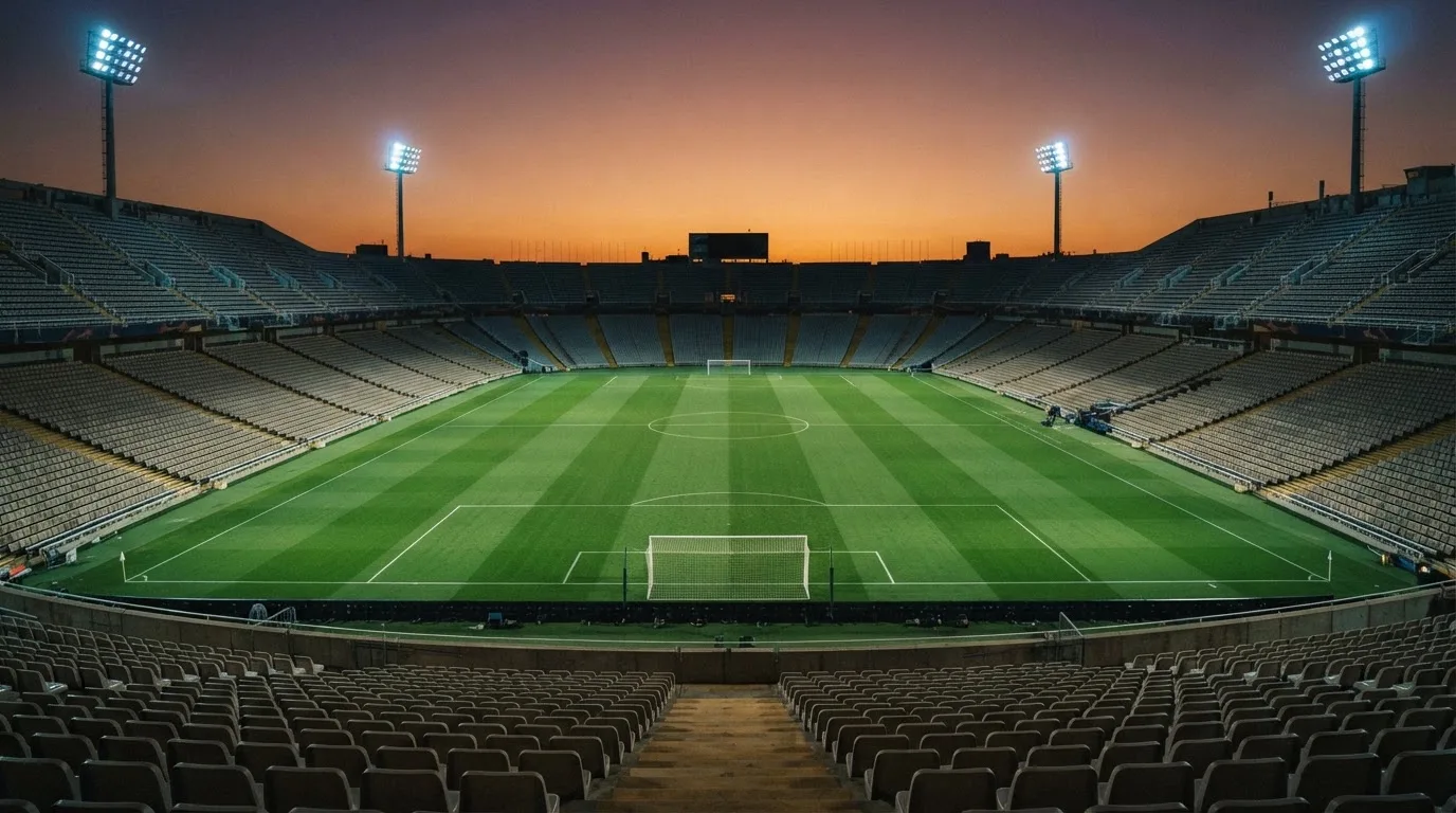 Un estadio de fútbol vacío con torres de iluminación al atardecer