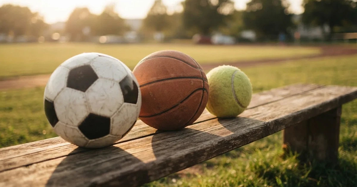 Tres balones de distintos tipos, uno junto a otro, sobre un banco de madera