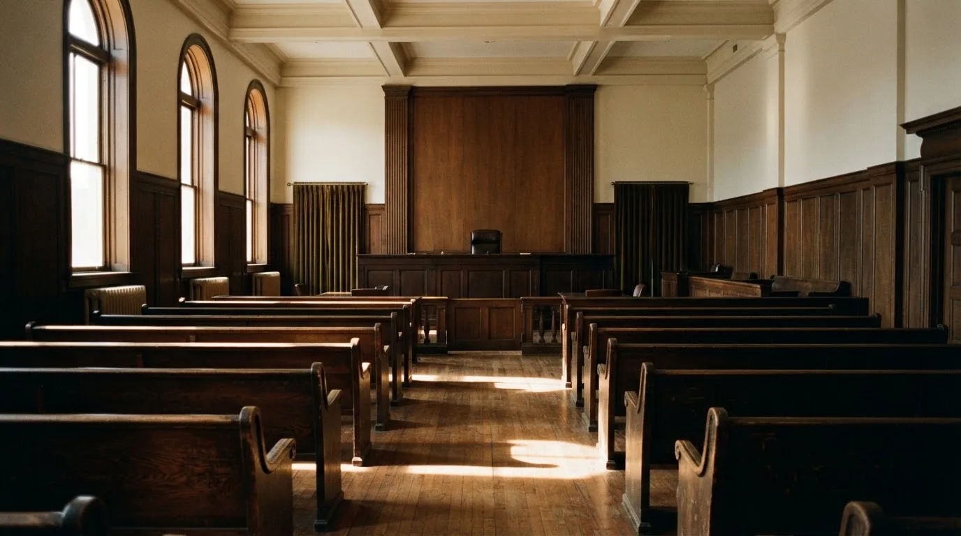 Una sala de tribunal vacía con bancos de madera a la luz de la mañana