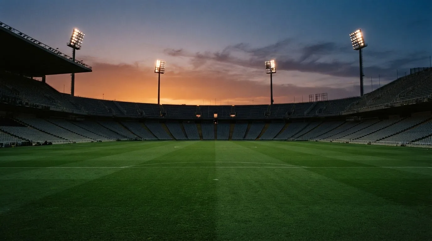 Un estadio de fútbol vacío con torres de iluminación al atardecer