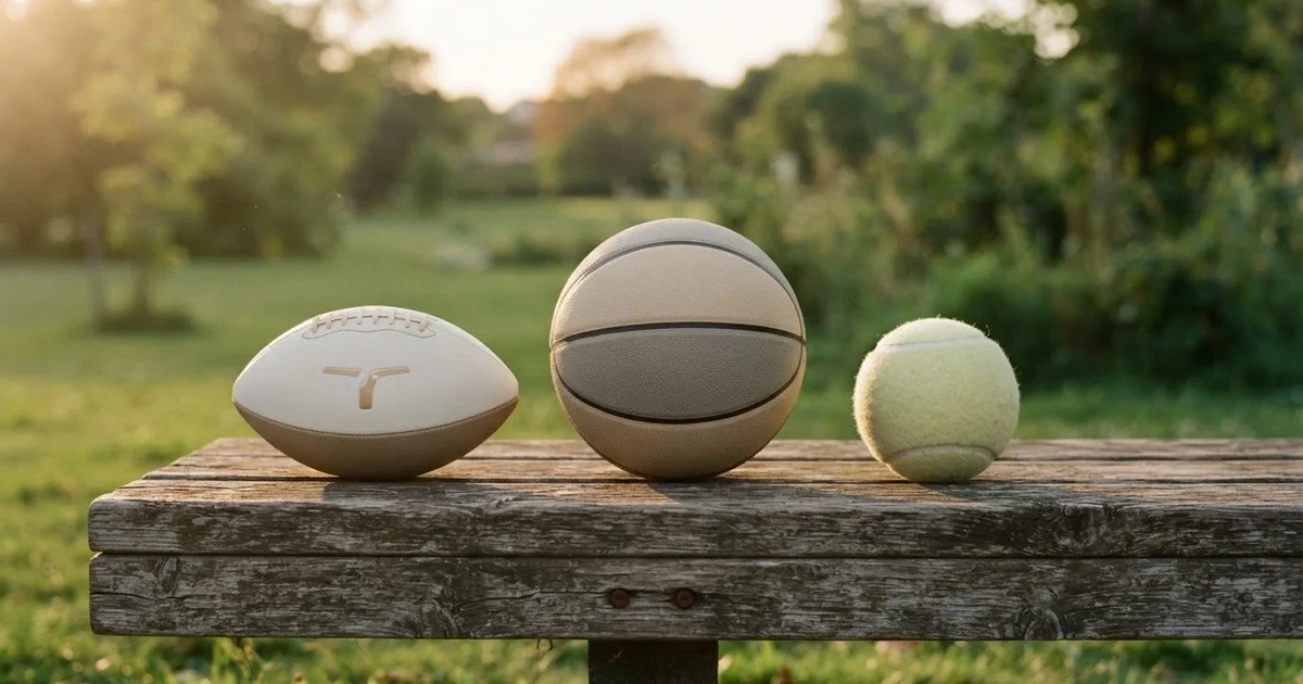 Tres balones de distintos tipos, uno junto a otro, sobre un banco de madera