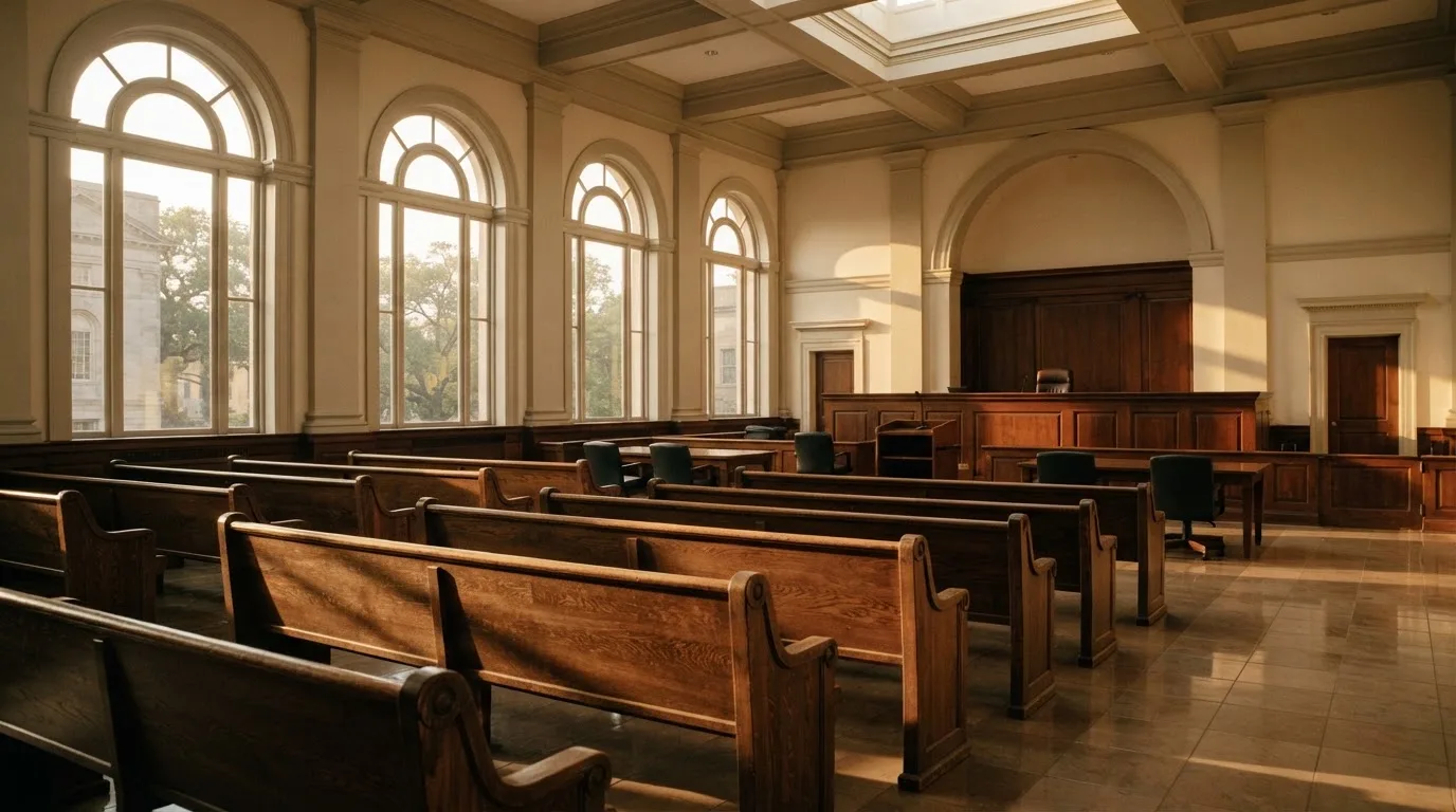 Una sala de tribunal vacía con bancos de madera a la luz de la mañana