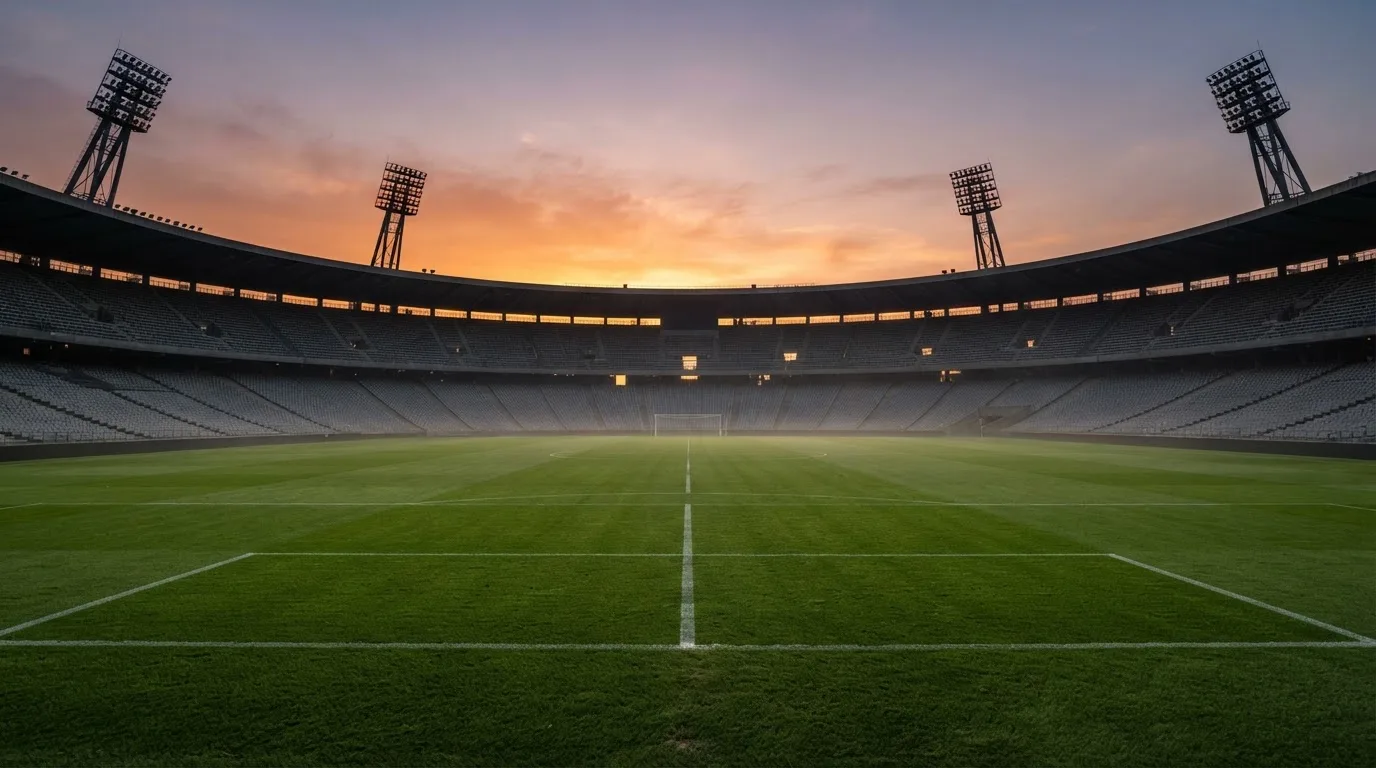 Un estadio de fútbol vacío con torres de iluminación al atardecer