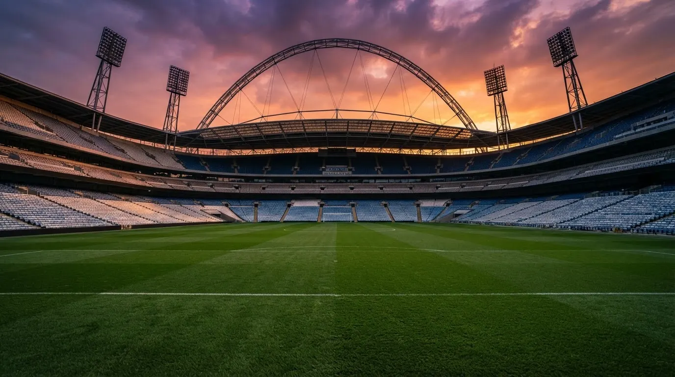 Un estadio de fútbol vacío con torres de iluminación al atardecer