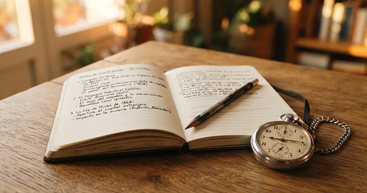 Un cuaderno abierto con un lápiz y un cronómetro sobre una mesa de madera